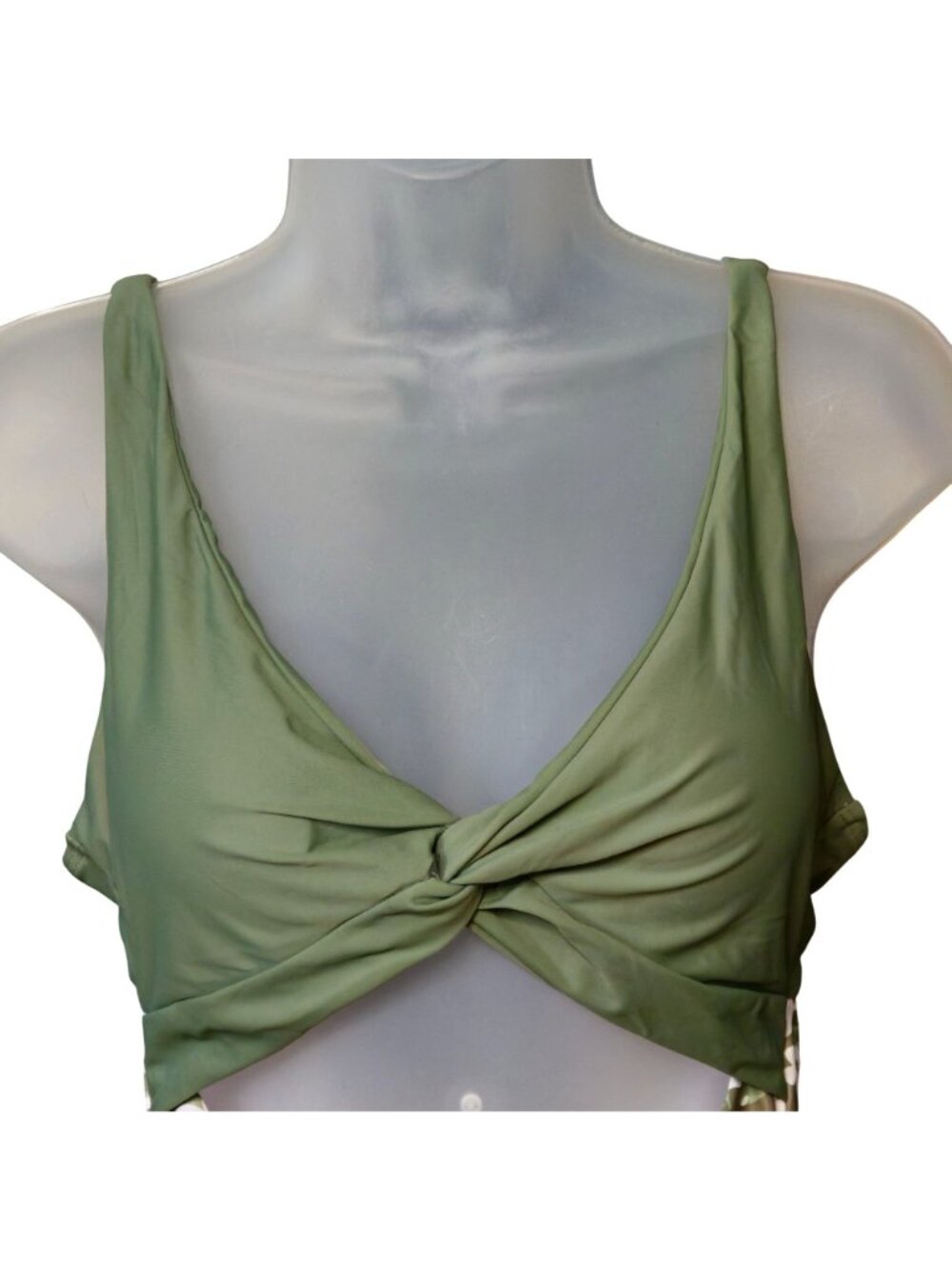 Green Floral One-Piece Swimsuit M Knot Front Cutout Adjustable Straps Lined - Picture 2 of 9